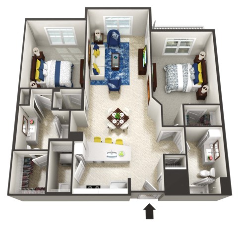 Floor plan for 2 beds, 2 baths, 1158 sqft